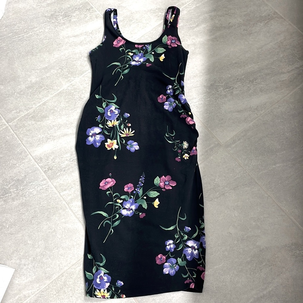 Small maternity fitted midi length dress black flower print bundle and save!